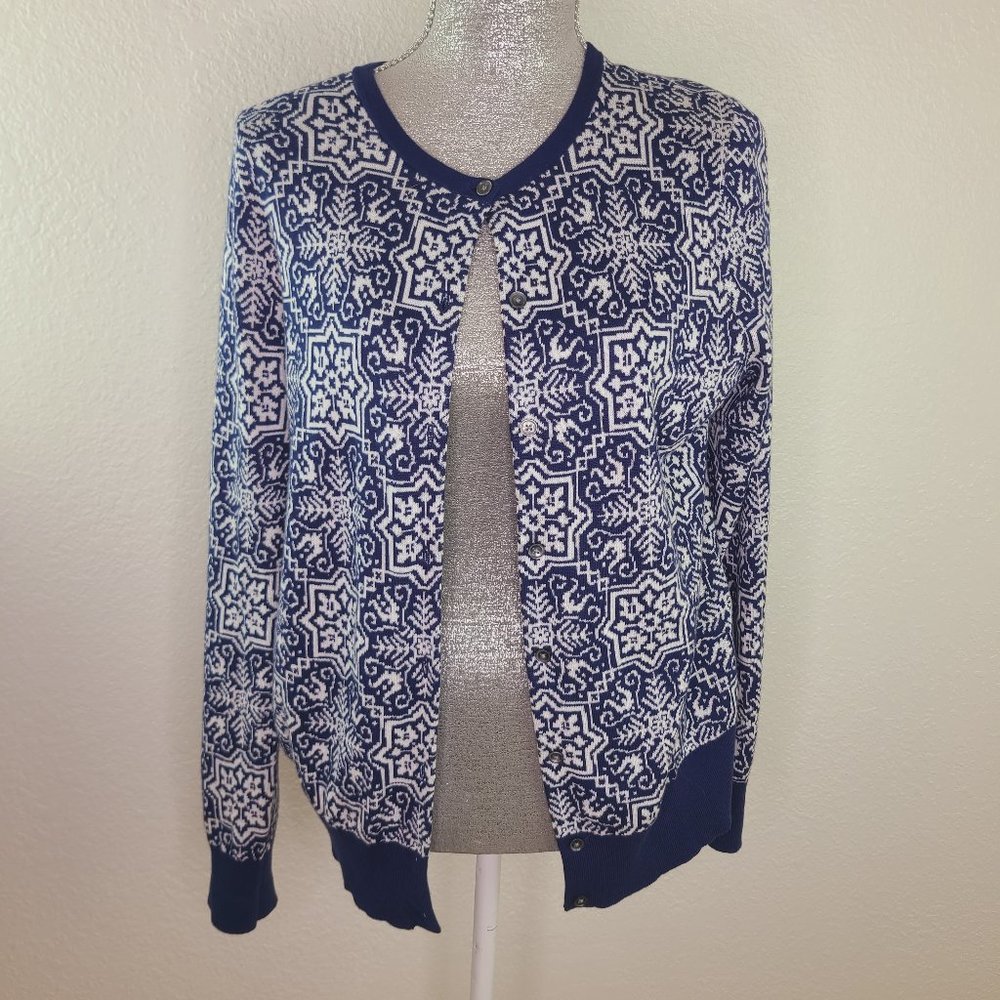 Land's End Cardigan Blue White Snowflake Print Sweater